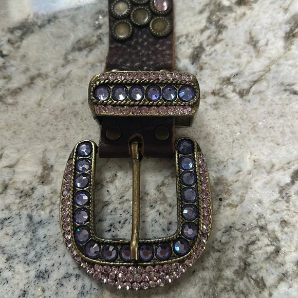 Accessories | Brown Leather Belt With Pink Purple Crystal  display picture 1
